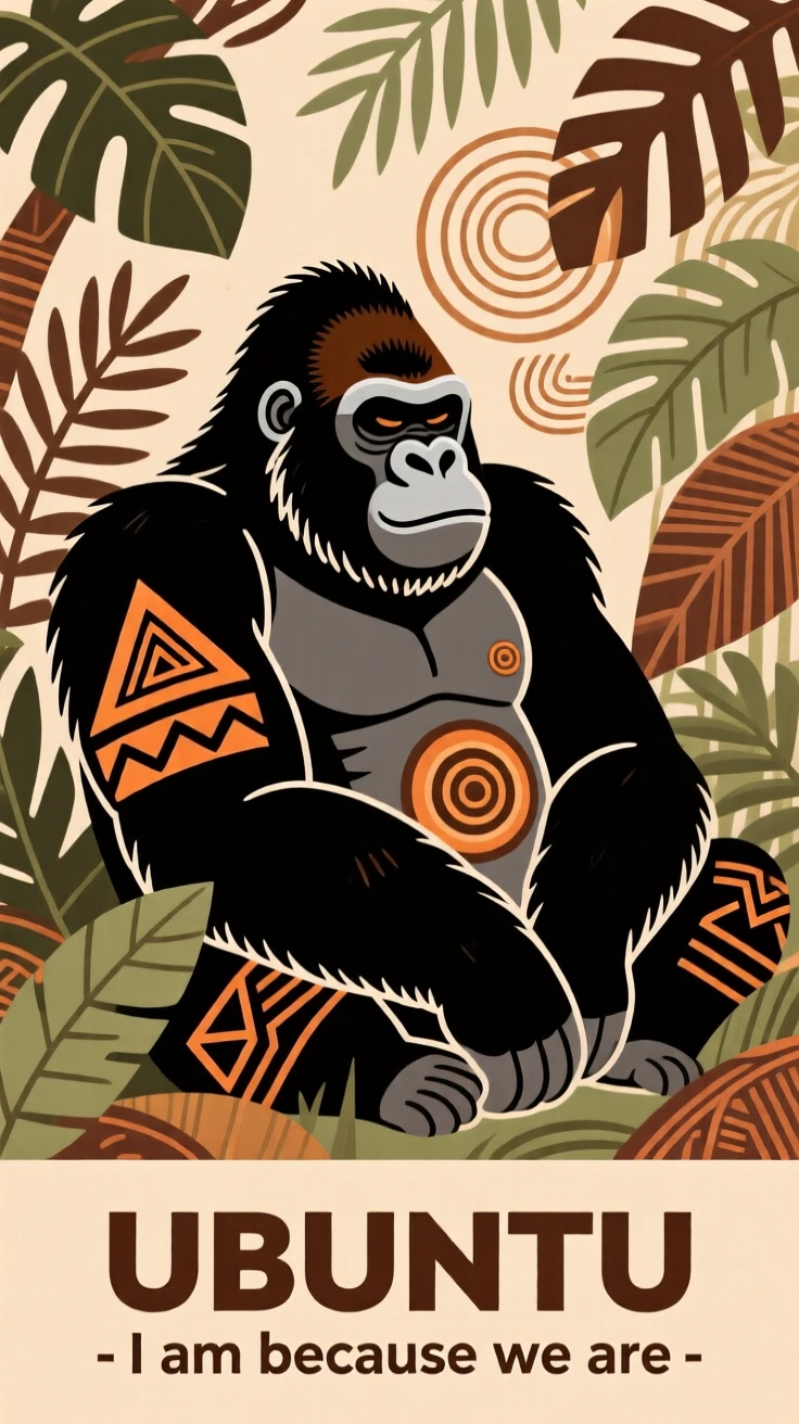 A silverback gorilla resting among dense jungle foliage.