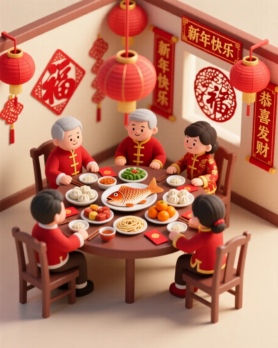 A Lunar New Year family reunion dinner with a round table piled high with symbolic dishes and red decorations everywhere.