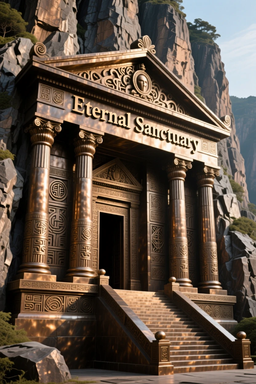 An ancient temple carved directly into a cliffside, rendered with striking symmetry and scale, exuding timeless grandeur