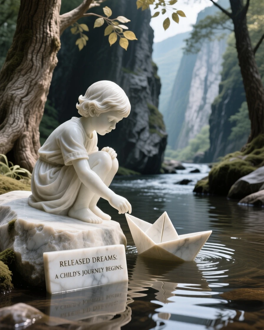 An evocative depiction of a child releasing a paper boat into a stream, framed by dramatic natural scenery, balancing detail with emotional depth