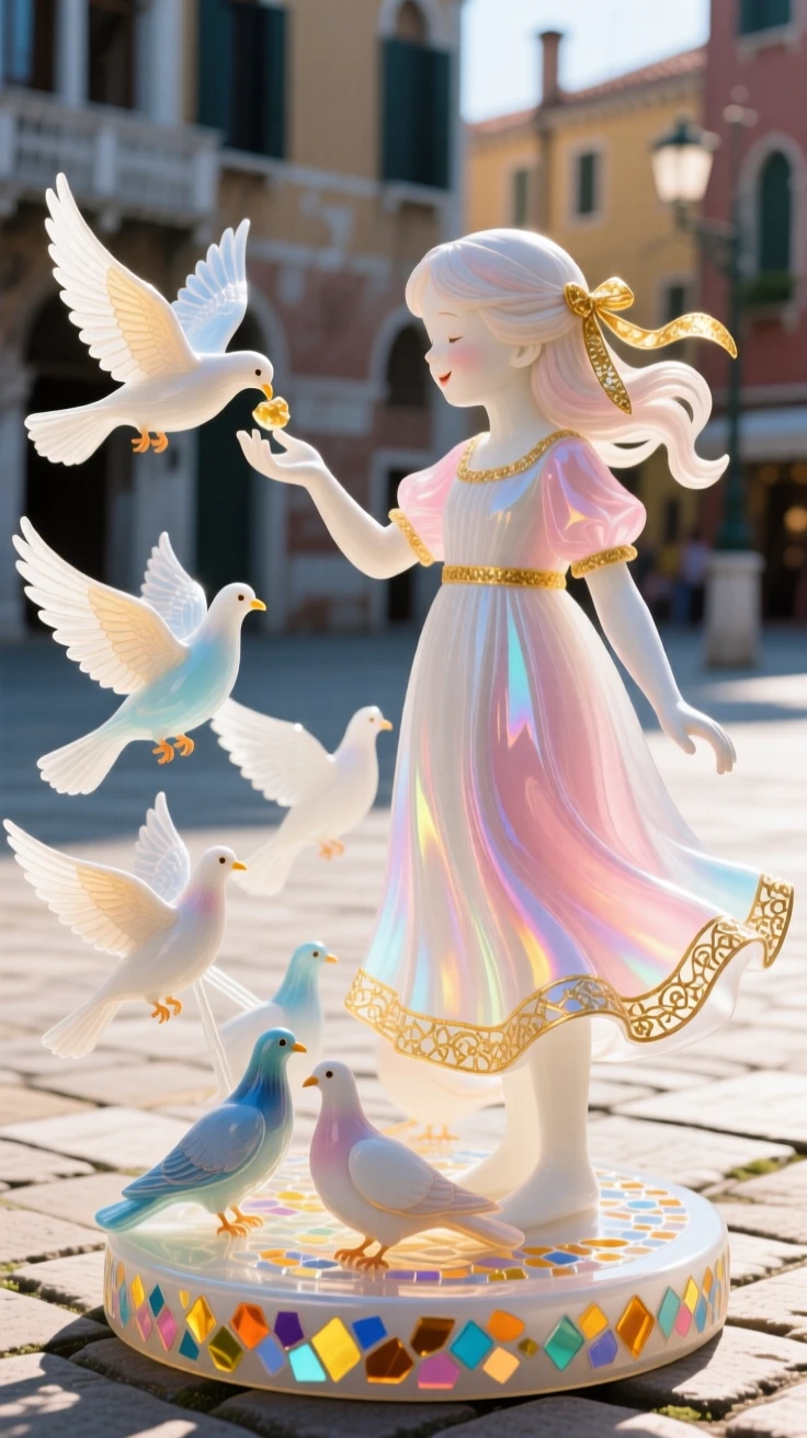A young girl feeding a flock of doves in a sunlit piazza, gentle and joyful.