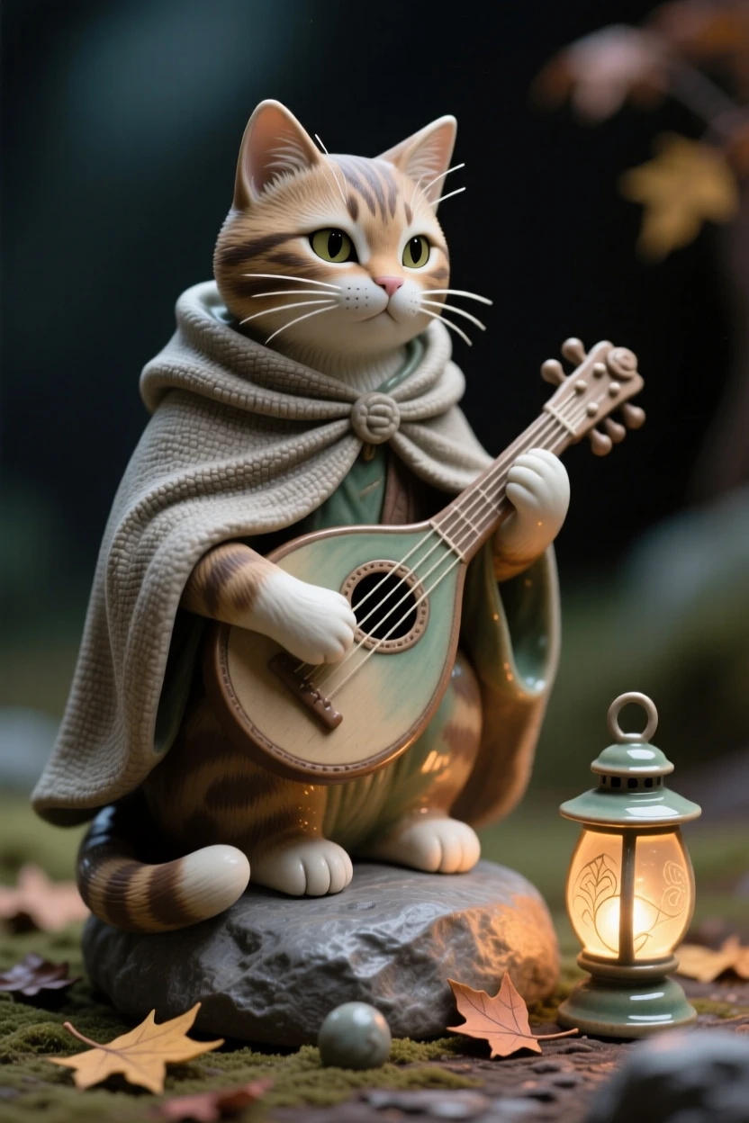 A cat dressed as a wandering musician gathered together in a heartwarming tableau, bathed in the soft glow of a magical evening, capturing the magic of imaginative make-believe.