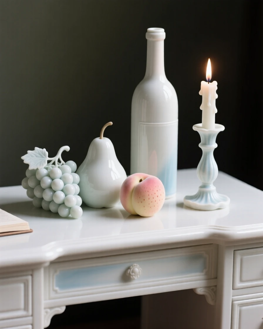 A refined still-life arrangement of ripe fruit and a bottle of wine on an antique writing desk, a single candle casting gentle shadows.