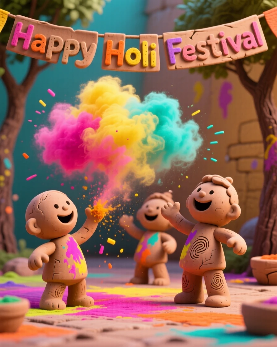 A colorful Holi festival scene with clouds of vibrant powder in the air