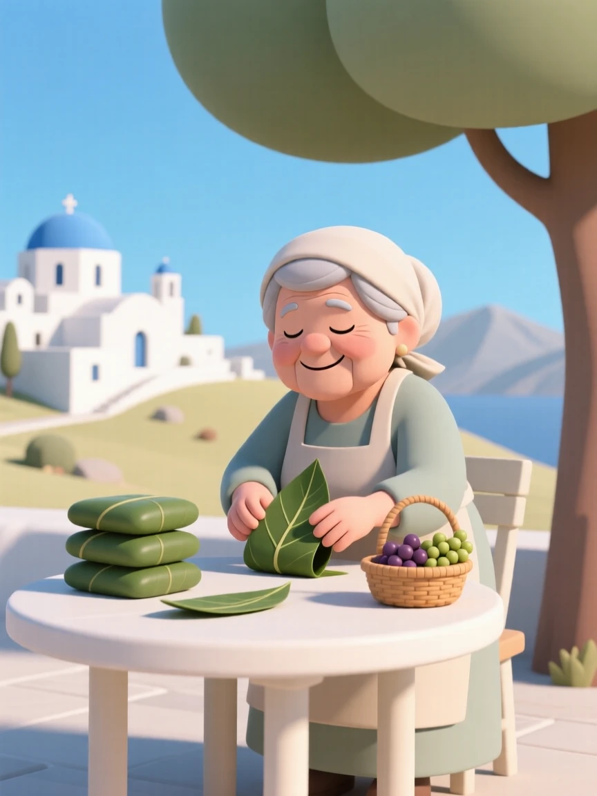 A cheerful Greek grandmother rolls grape leaves at a sunny outdoor table overlooking a whitewashed village.