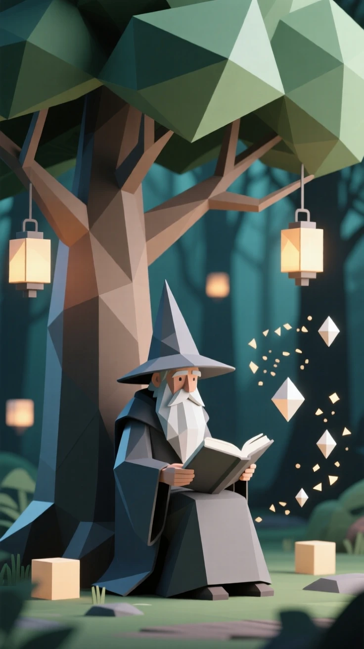 A wise old wizard reading beneath a giant tree, within a forest lit by floating lanterns. swirling particles of light drift through the air. The moment feels suspended between worlds.