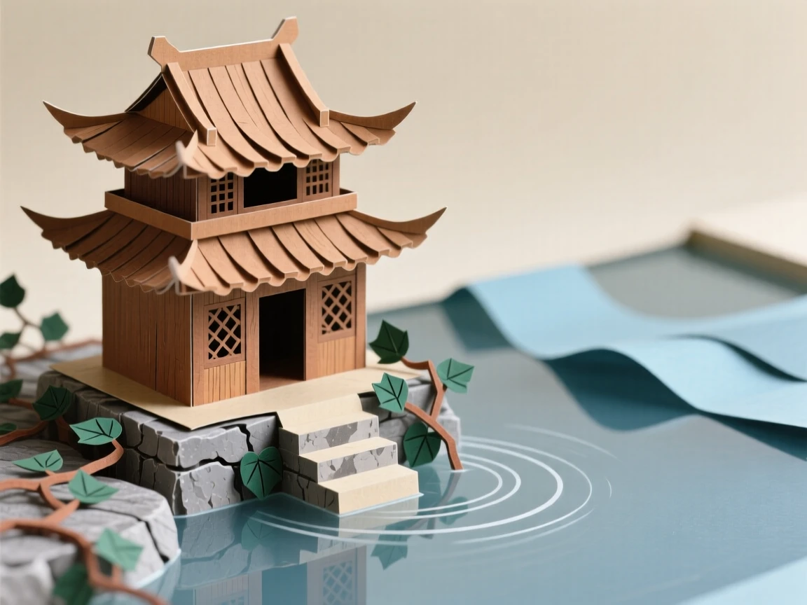 A traditional wooden pagoda reflecting brilliantly in nearby still water, with ivy climbing along weathered stone walls, evoking quiet historic charm.