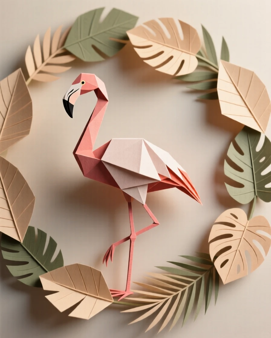 A stylized flamingo standing gracefully within a circular tropical leaf border.