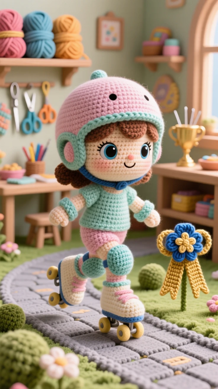a little girl roller skating in a park, with a helmet and knee pads, gliding happily along a paved path, in a cozy craft room filled with supplies, with a small trophy or ribbon nearby, radiating focused determination and quiet pride.