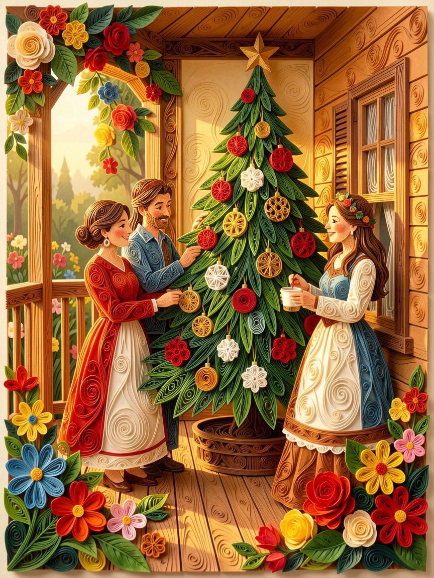 A heartwarming moment of a family decorating a Christmas tree together on a warm sunlit porch surrounded by blooming flowers, bathed in warm golden hour light, composed with warm golden light wrapping around the scene.