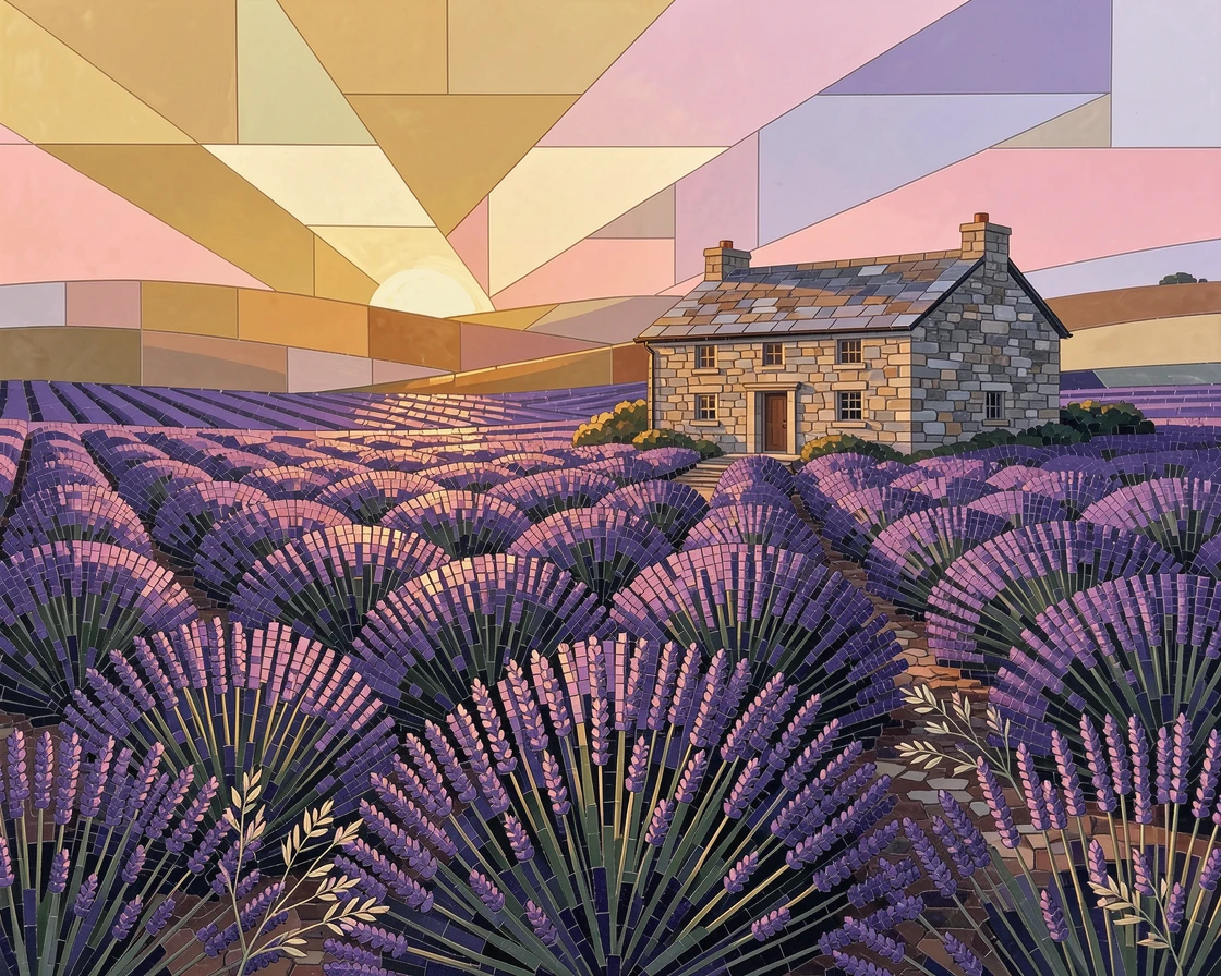 A lavender field in full bloom stretching toward a distant stone farmhouse, bathed in the warm colors of a golden hour sunset.