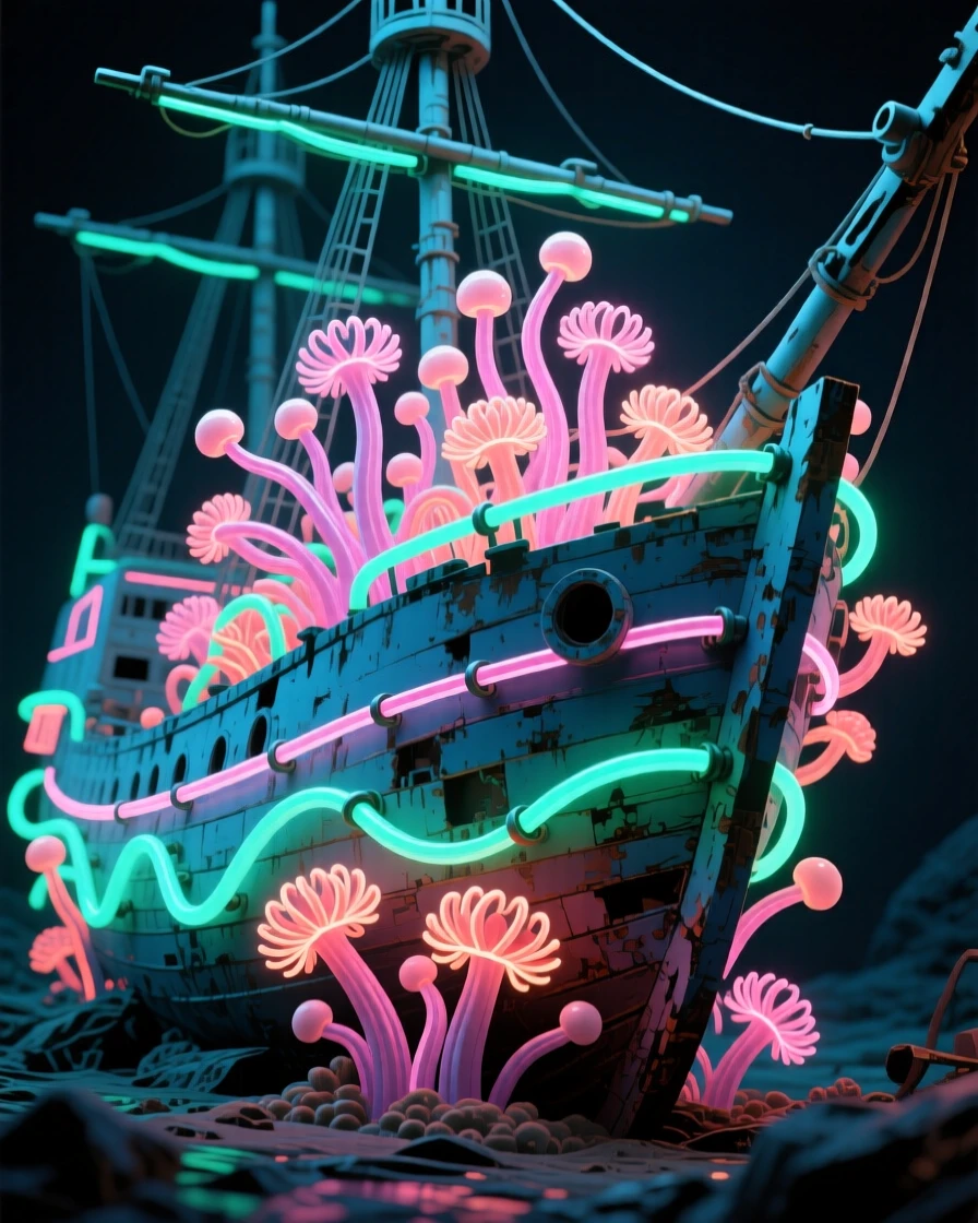 A colony of sea anemones covering a shipwreck's hull.