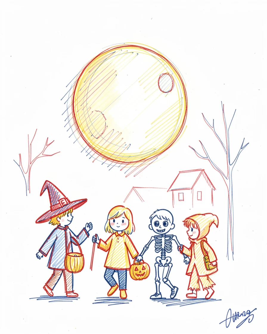 A Halloween evening with children trick-or-treating beneath a harvest moon