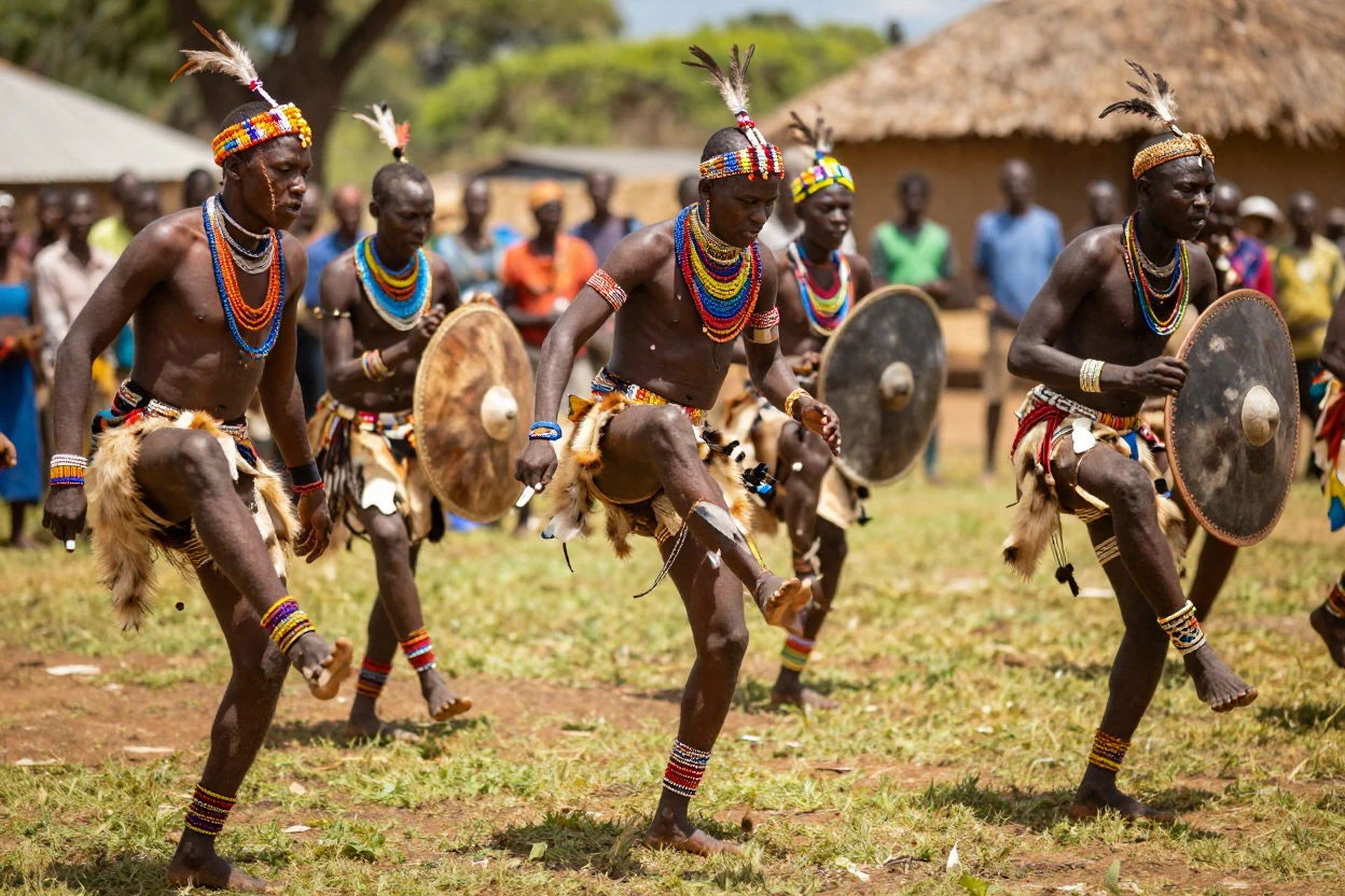 A Zulu dance performance in vibrant traditional dress