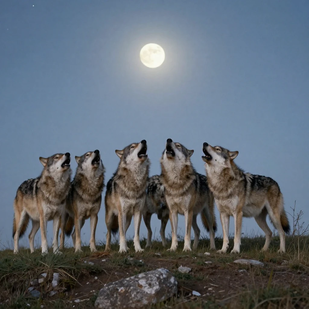 A pack of wolves howls together on a moonlit ridge.
