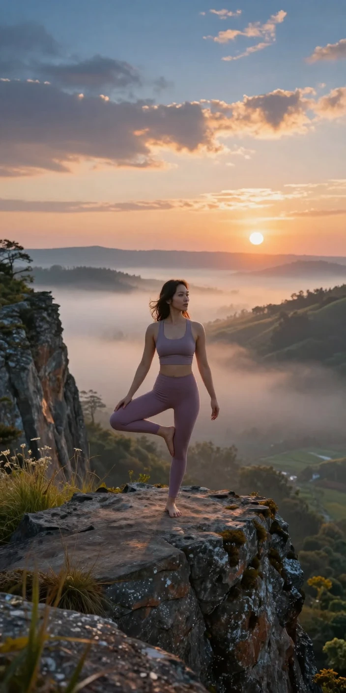 A woman practicing yoga on a cliff edge overlooking a misty valley at sunrise