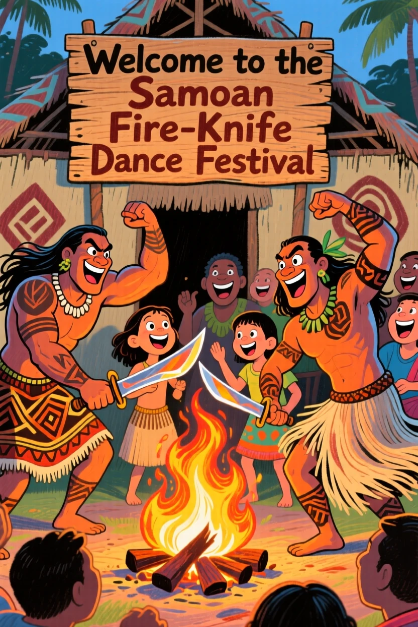 A family celebrating a traditional Samoan fire-knife dance performance.