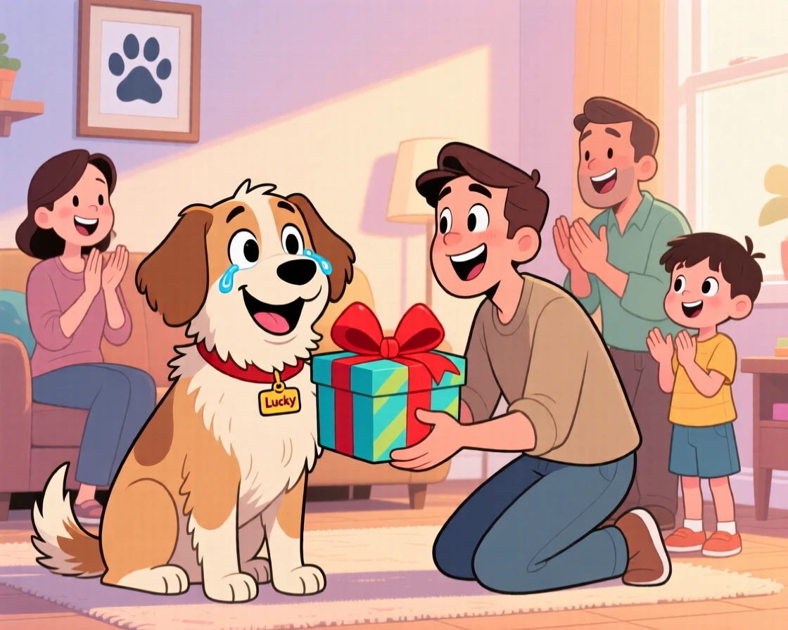 A heartwarming moment depicting a rescued shelter dog receiving a surprise that brings happy tears, surrounded by loved ones cheering quietly.