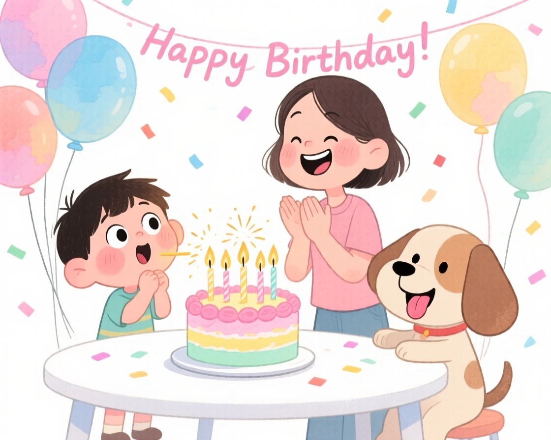 A joyful celebration scene of a birthday party with balloons, confetti, and a candle-lit cake, sparkling with celebratory energy