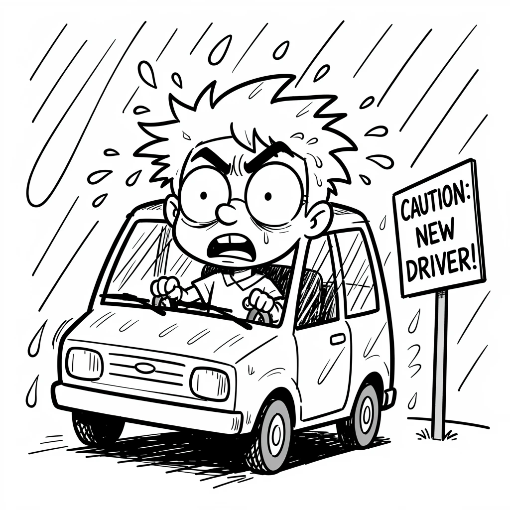[Funny & Exaggerated Situations] Comical scene of a startled new driver getting caught in a spontaneous rainstorm, exaggerated for maximum laughs