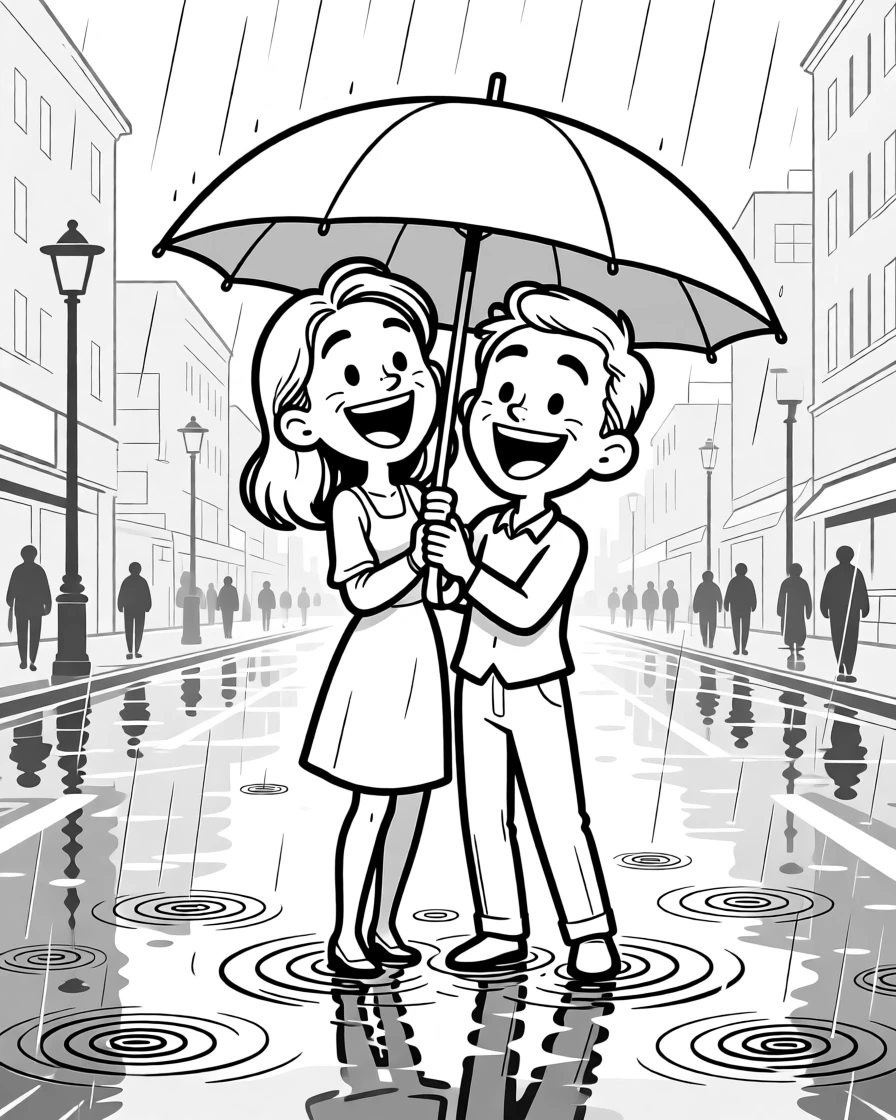 Two people caught mid-laugh under a shared umbrella, pulling ridiculous faces for the camera, set on a busy rain-slicked city street. Puddle ripples spread outward with every step. It radiates warmth, laughter, and quiet devotion.