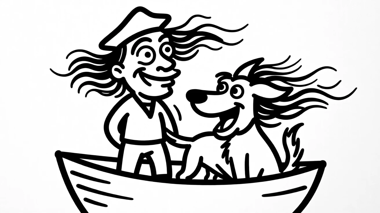 A sailor and their dog standing at the bow of a small boat, wind in their hair.