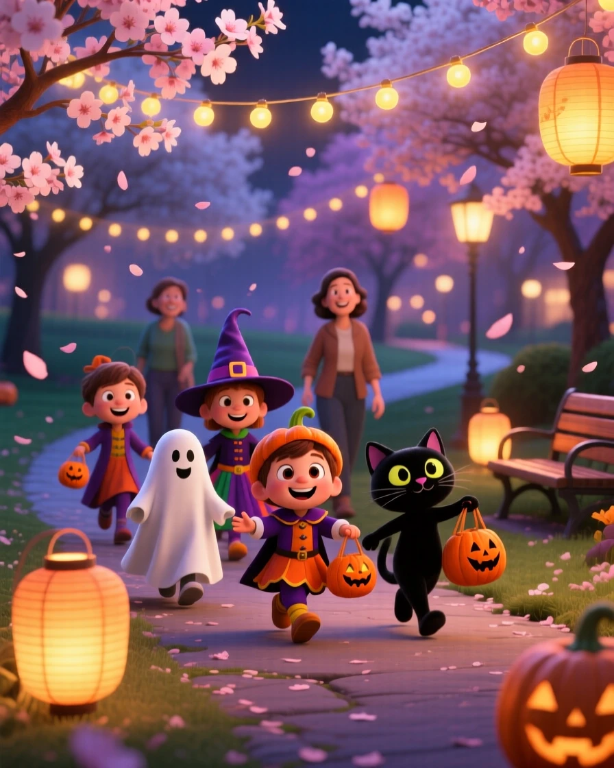 Trick-or-treaters walking down a lantern-lit street happens in a park filled with cherry blossoms, with warm string lights glowing overhead. A festive warmth and togetherness fill the scene.