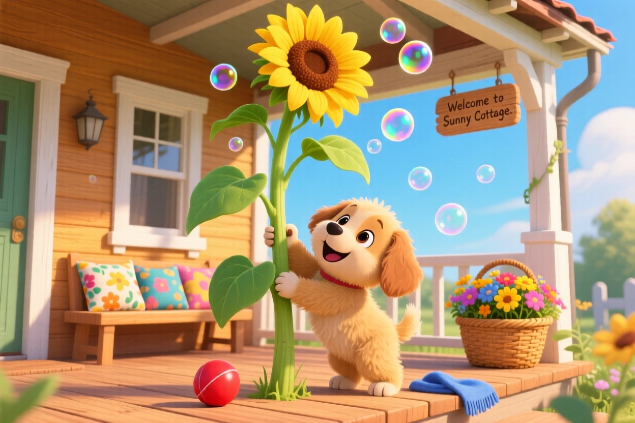In a cottage porch, a bouncy puppy spends the afternoon climbing a giant sunflower stalk, as tiny bubbles float upward.