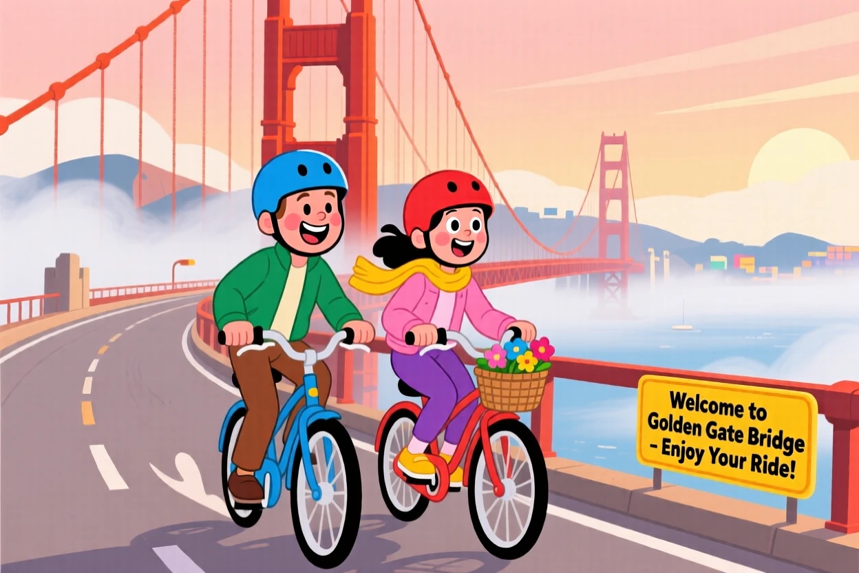 A couple biking across the Golden Gate Bridge in morning fog.
