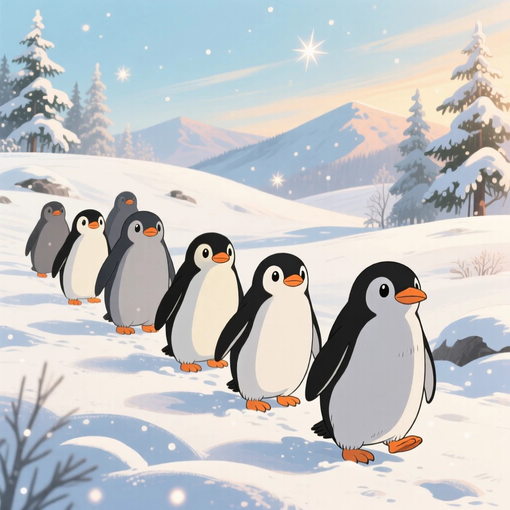 A group of penguins waddling across snow, with a curious expression, ears perked up, radiating pure charm.