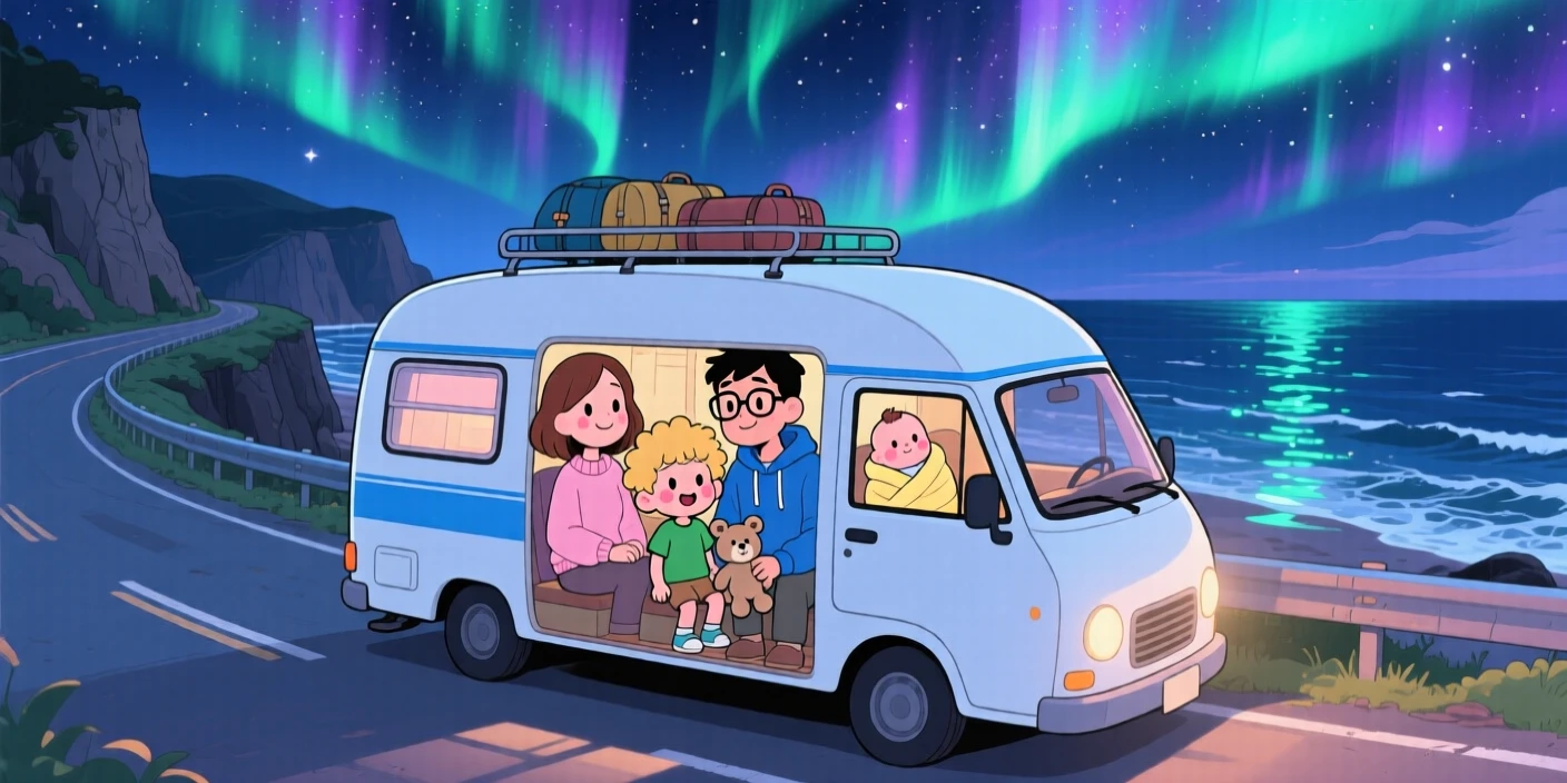 Three-quarter view of a family, packed into a camper van on a road trip, in a scenic coastal highway, beneath swirling aurora-lit skies, illuminated by shimmering reflected light off water, radiating shy bashfulness.