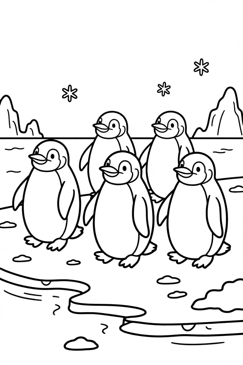 A group of penguins waddling across an icy shore