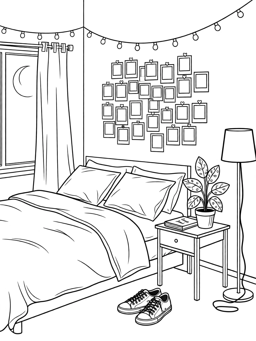 A bedroom with string lights and a wall of polaroid photos, with tiny water droplets clinging to every leaf.