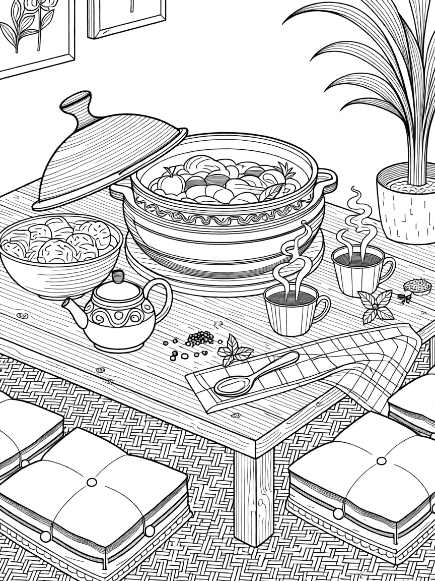 A slow-cooked stew dinner scene set on a low table with mint tea.