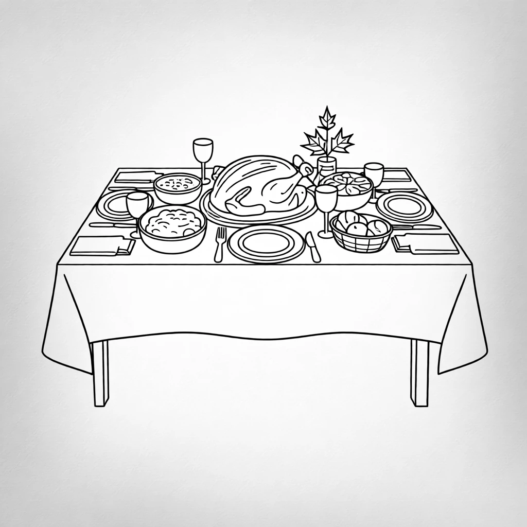 A table set for Thanksgiving dinner with a roasted turkey