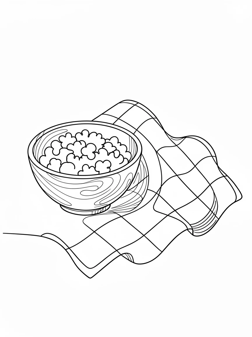 A wooden bowl of freshly popped kettle corn beside a checkered blanket