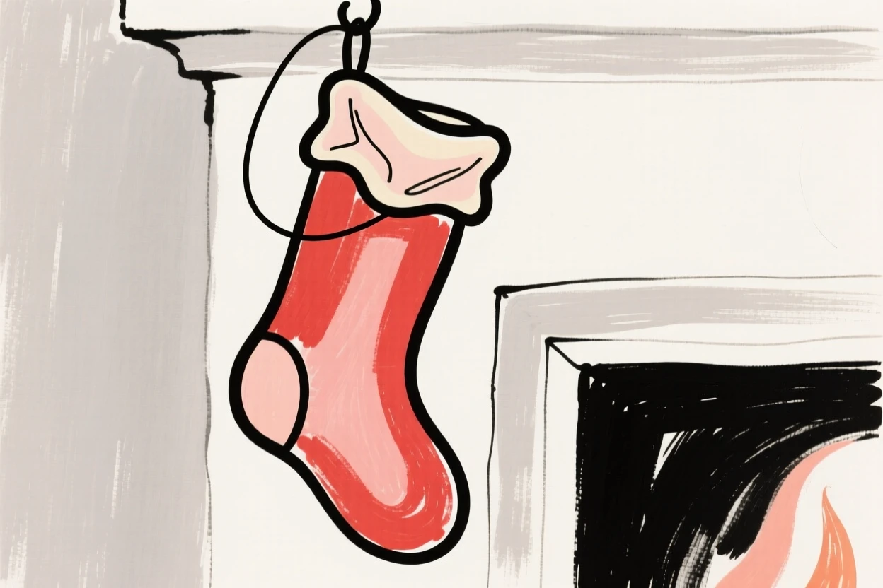 A stocking hung by a fireplace