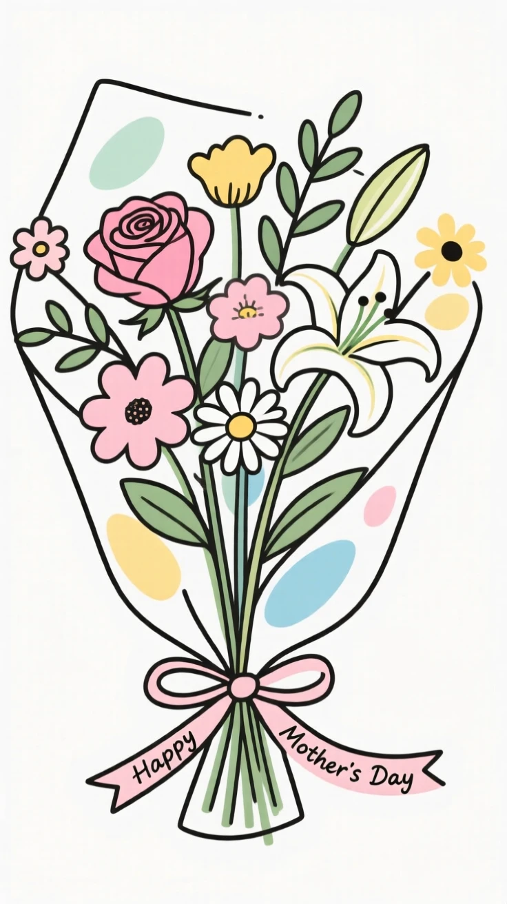 A Mother's Day bouquet of fresh flowers wrapped in ribbon.