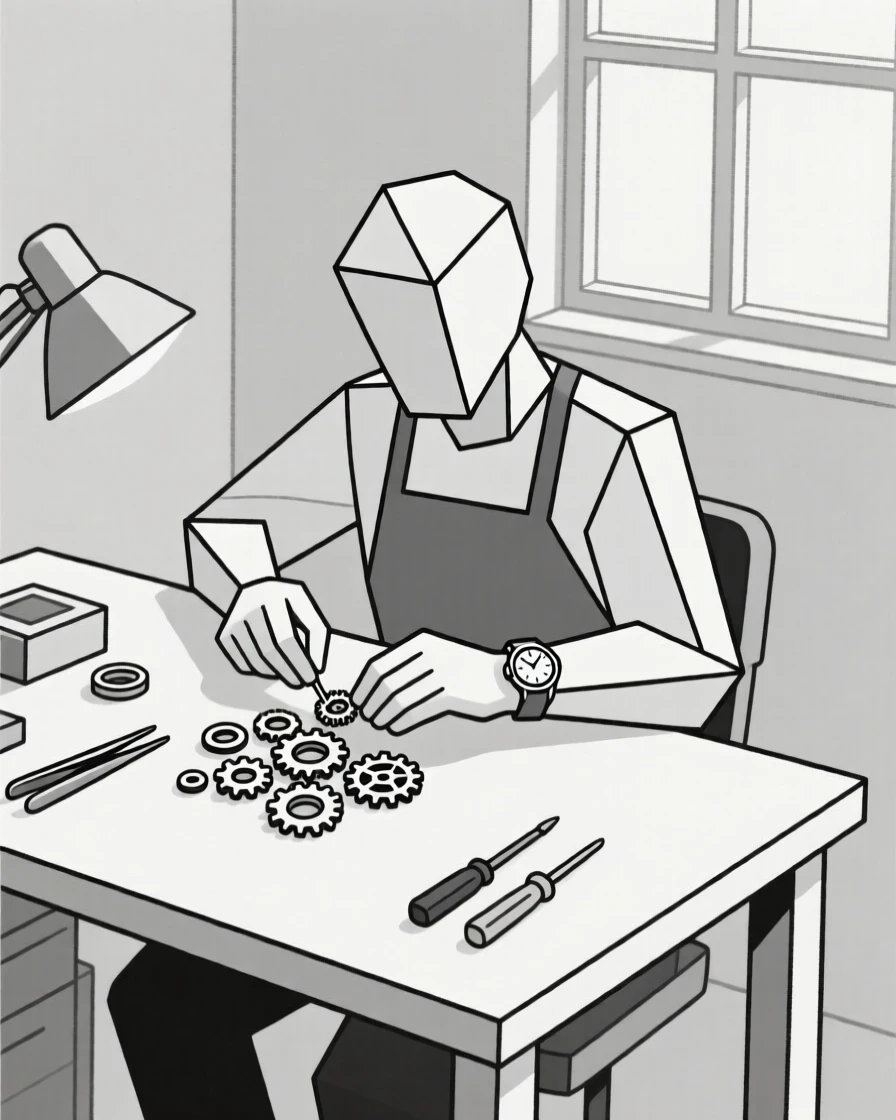 A watchmaker assembling tiny gears at a workbench