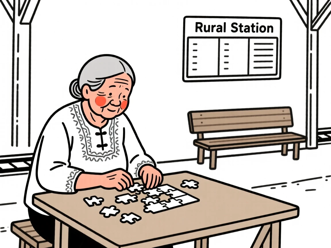 A grandmother of Filipino heritage assembling a jigsaw puzzle at the table, at a rural train station.