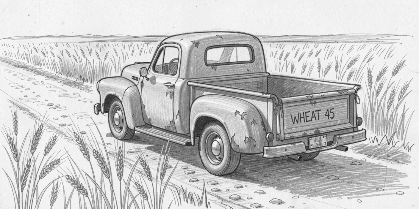 A striking scene of an old red pickup truck in a wheat field on a quiet countryside lane, with warm evening light glowing across its surface.