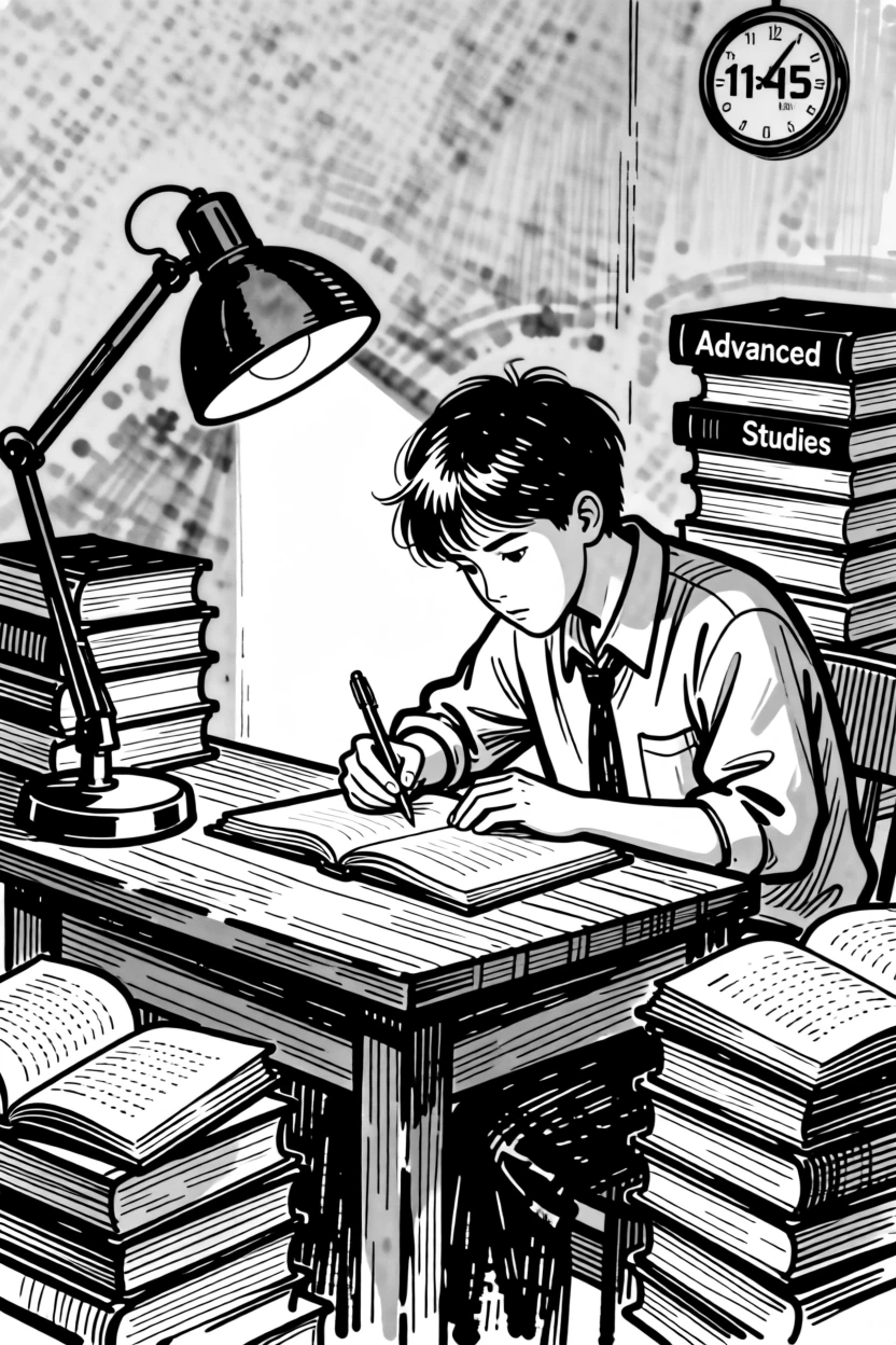 A student studying late at night with a desk lamp and stacks of books.