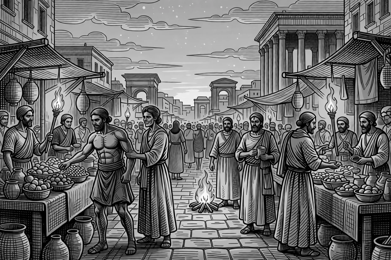 An ancient roman marketplace bustling with traders beneath a sky glowing with the colors of dusk, with the glow of firelight on weathered faces, portrayed in a warmly communal historical scene.