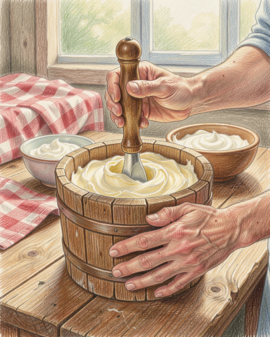A countryside creamery churning fresh butter by hand, with rich, inviting textures throughout the scene, full of charm, emotion, and visual delight.
