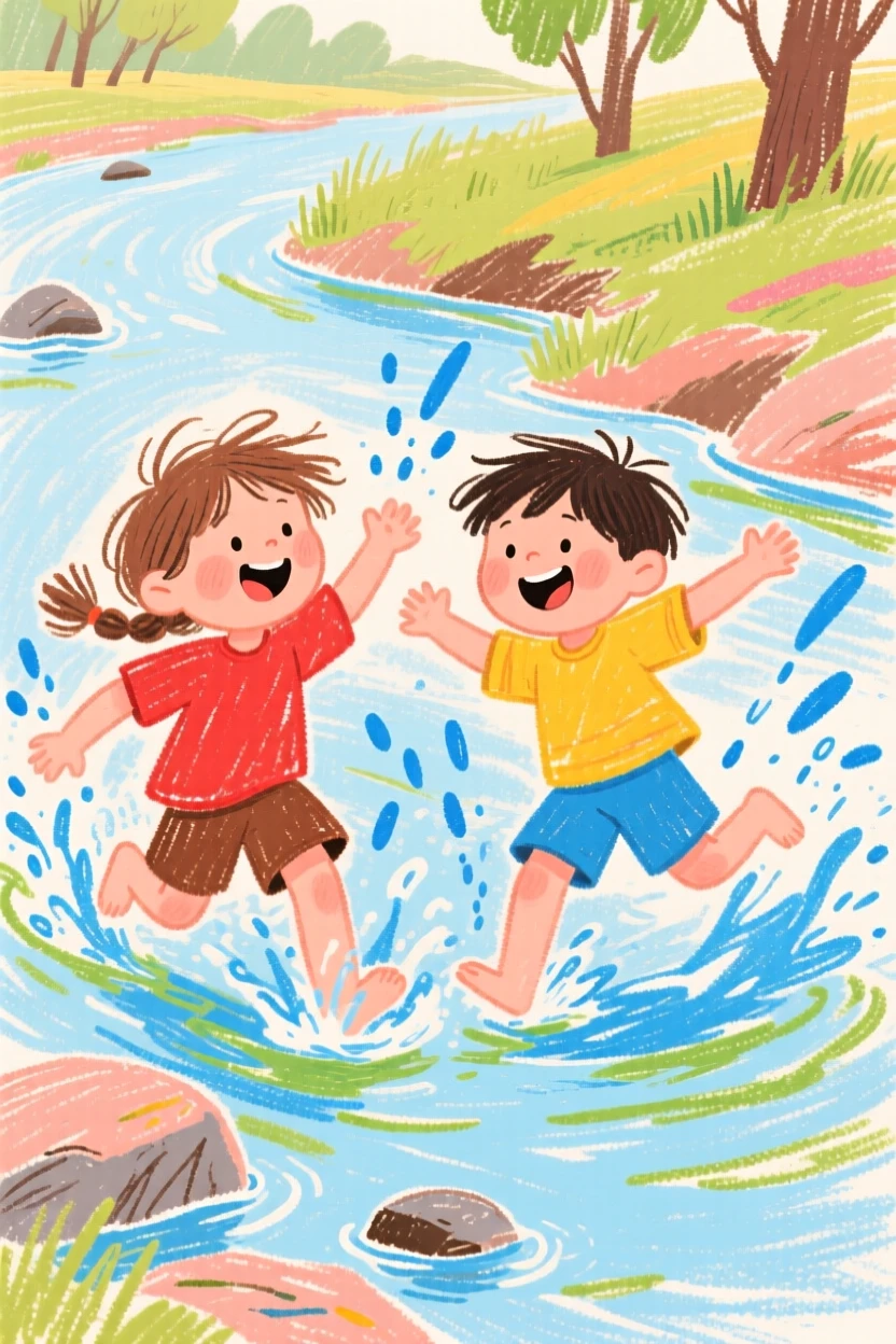 Siblings splashing each other playfully in a shallow creek.