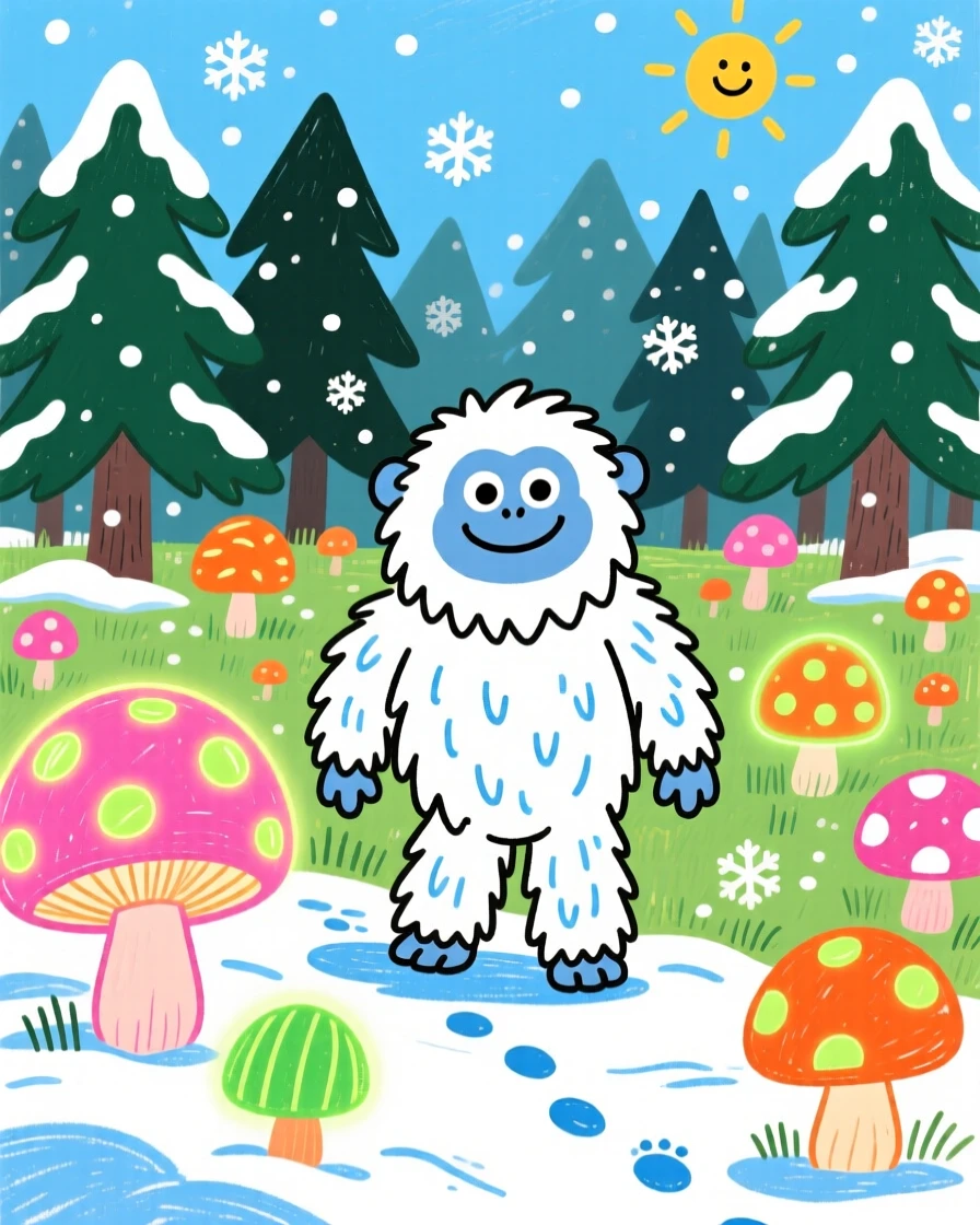 A curious yeti exploring a snowy forest in a meadow of giant glowing mushrooms.