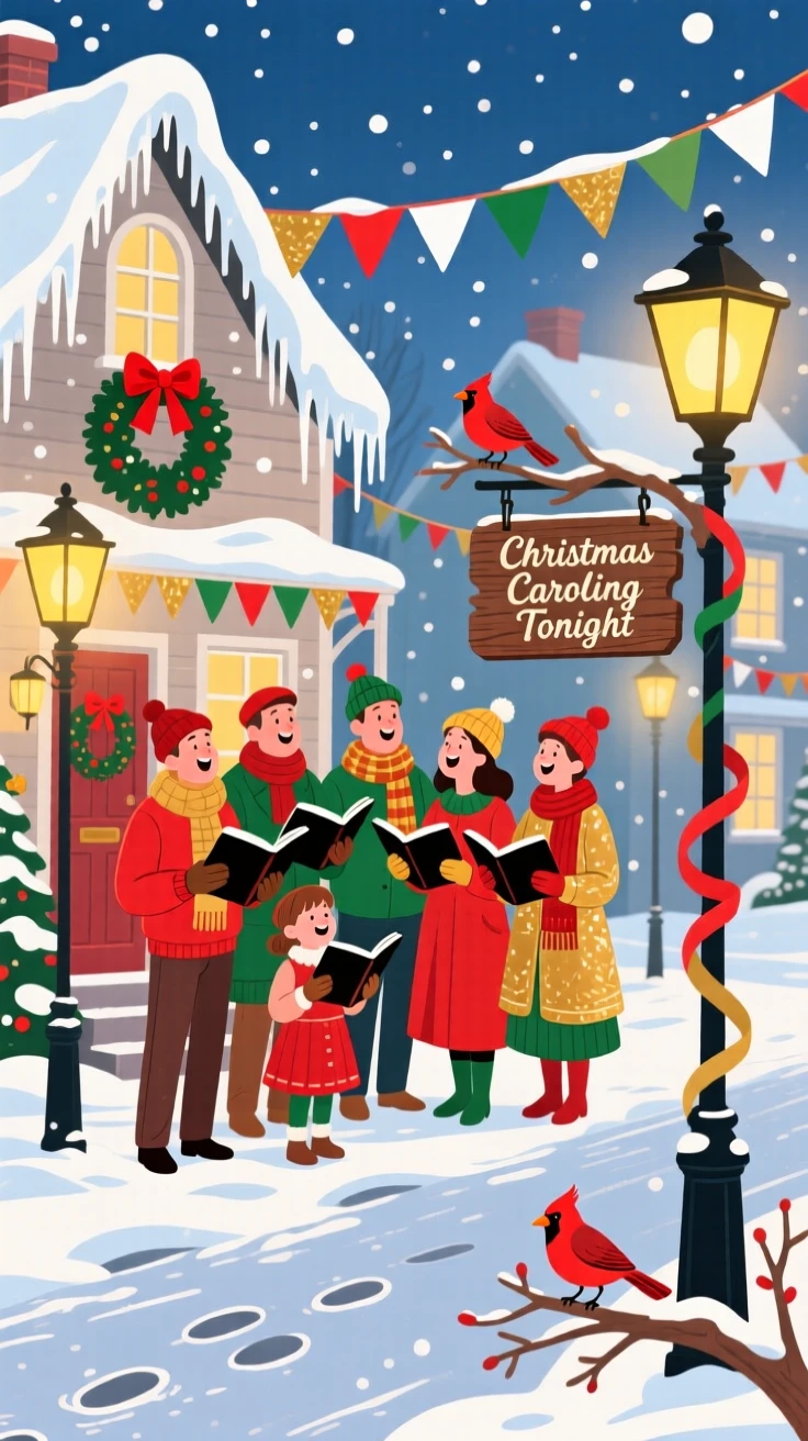 A festive Christmas caroling scene on a snowy street, set against a backdrop of colorful bunting and streamers, composed with a lively sense of togetherness and joy, with a joyful sense of togetherness and celebration.