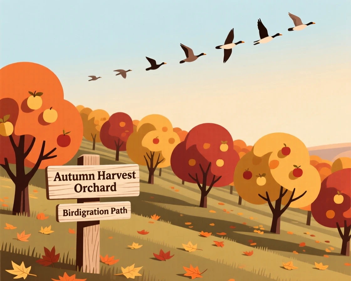 An autumn scene of birds migrating in an orchard.