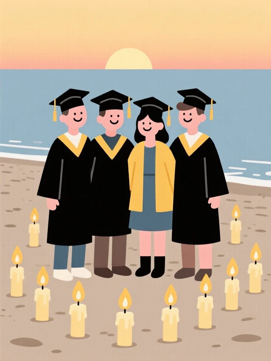 Friends gathered for a graduation ceremony in a beachside gathering, surrounded by glowing candles, radiating joyful celebration.
