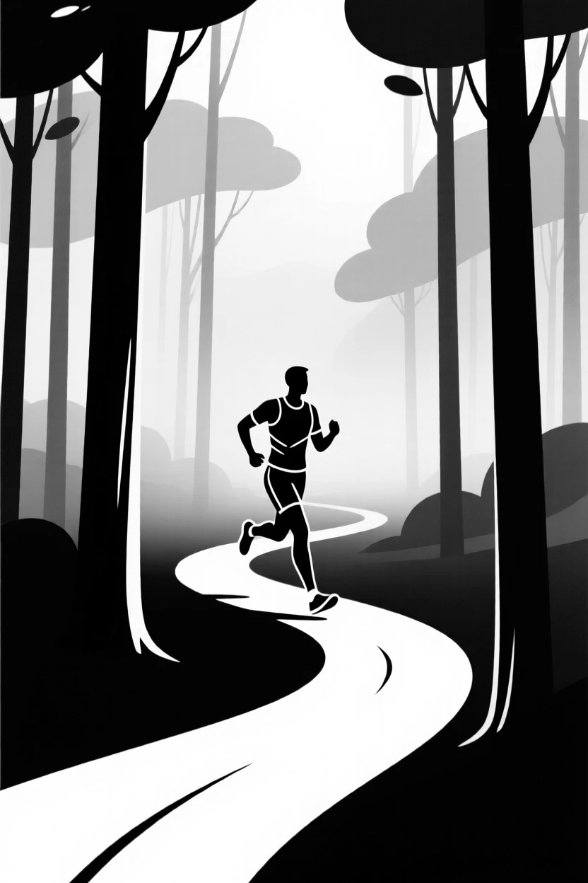 A trail runner moving through a misty forest path.